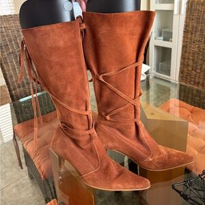 Suede Lace-Up Knee-High Boots - Brown made in Spain